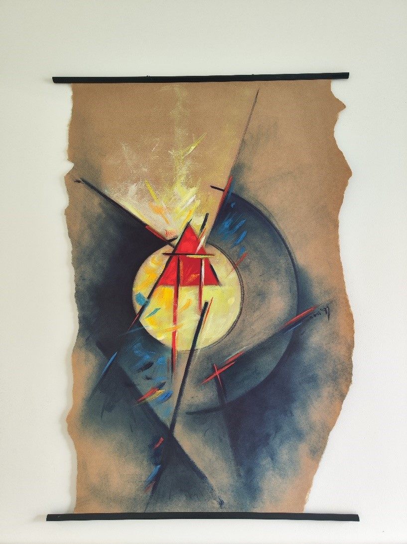 The duality of reality and fiction. On the wall of Johan's office hangs a painting of Ani Theré, an artist and cancer patient. The artwork was based on elements that came to mind after a lab visit and interactions with the scientific world.  